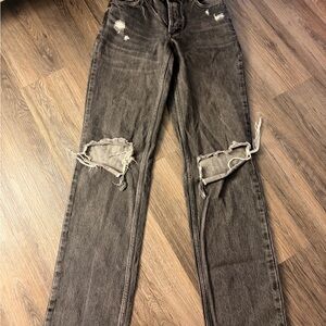 We The Free Black Distressed Straight-Leg Jeans